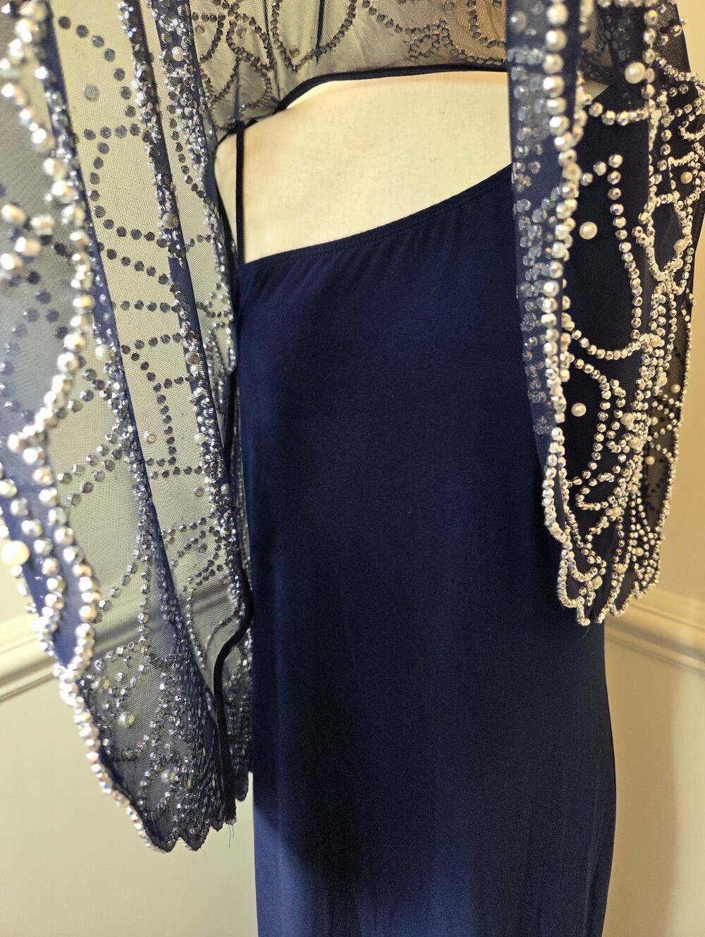 MSK Navy Embellished Cape Formal Gown Rhinestone Pearl Maxi Dress M - Picture 10 of 13
